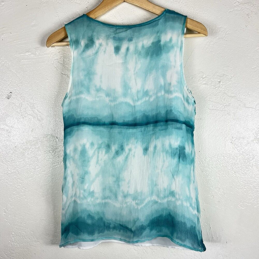 AK Anne Klein Blue White Tie-Dye Chiffon Pleated V-Neck Sleeveless Tank Top - Picture 13 of 15